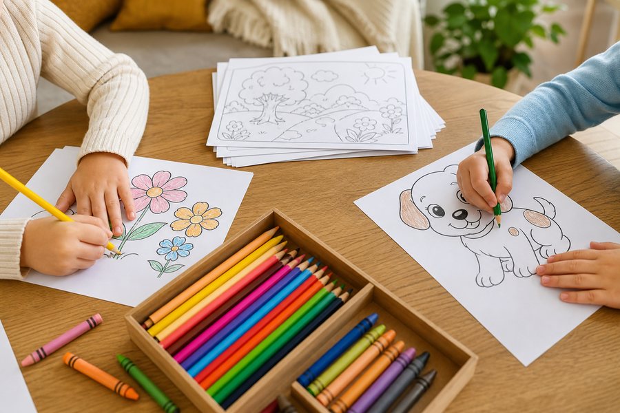 Quiet coloring activity setup with simple pages and a few pencils