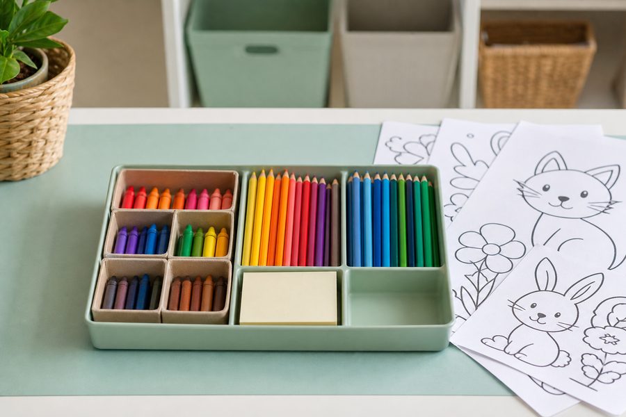 Bandeja de materiales para colorear con lápices, ceras y dibujos infantiles organizados sobre una mesa verde