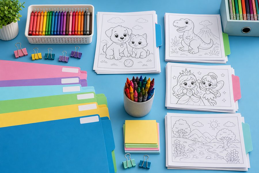 Folders and coloring pages organized with pencils on a table