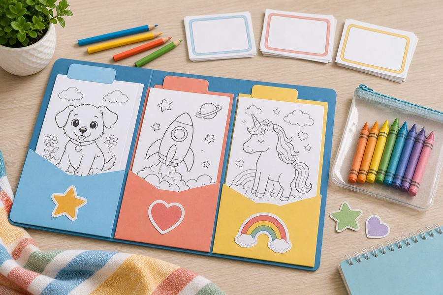 Outdoor coloring setup with clipboards and printable pages