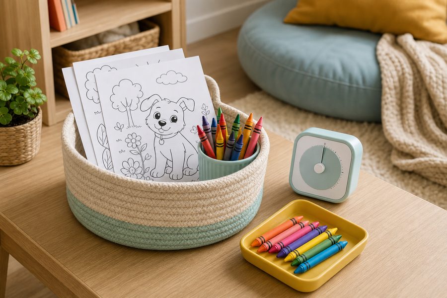 Reading table with coloring pages and pencils after story time