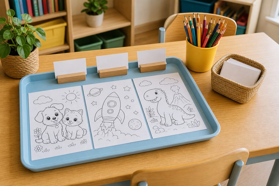 Children's coloring pages arranged for coloring by sections with crayons