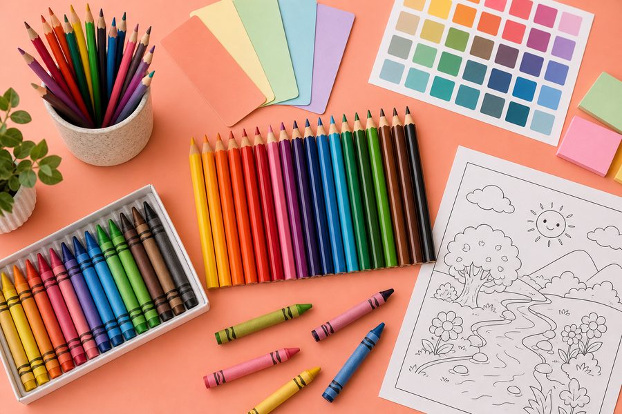 Pencils, crayons, and color samples for child-friendly coloring pages
