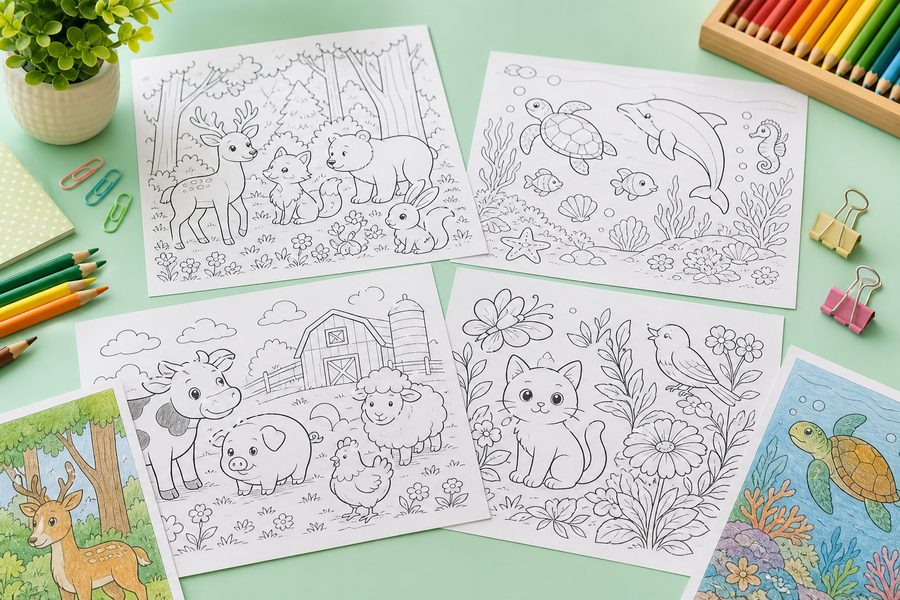 Crayons, colored pencils, and markers prepared beside printable pages