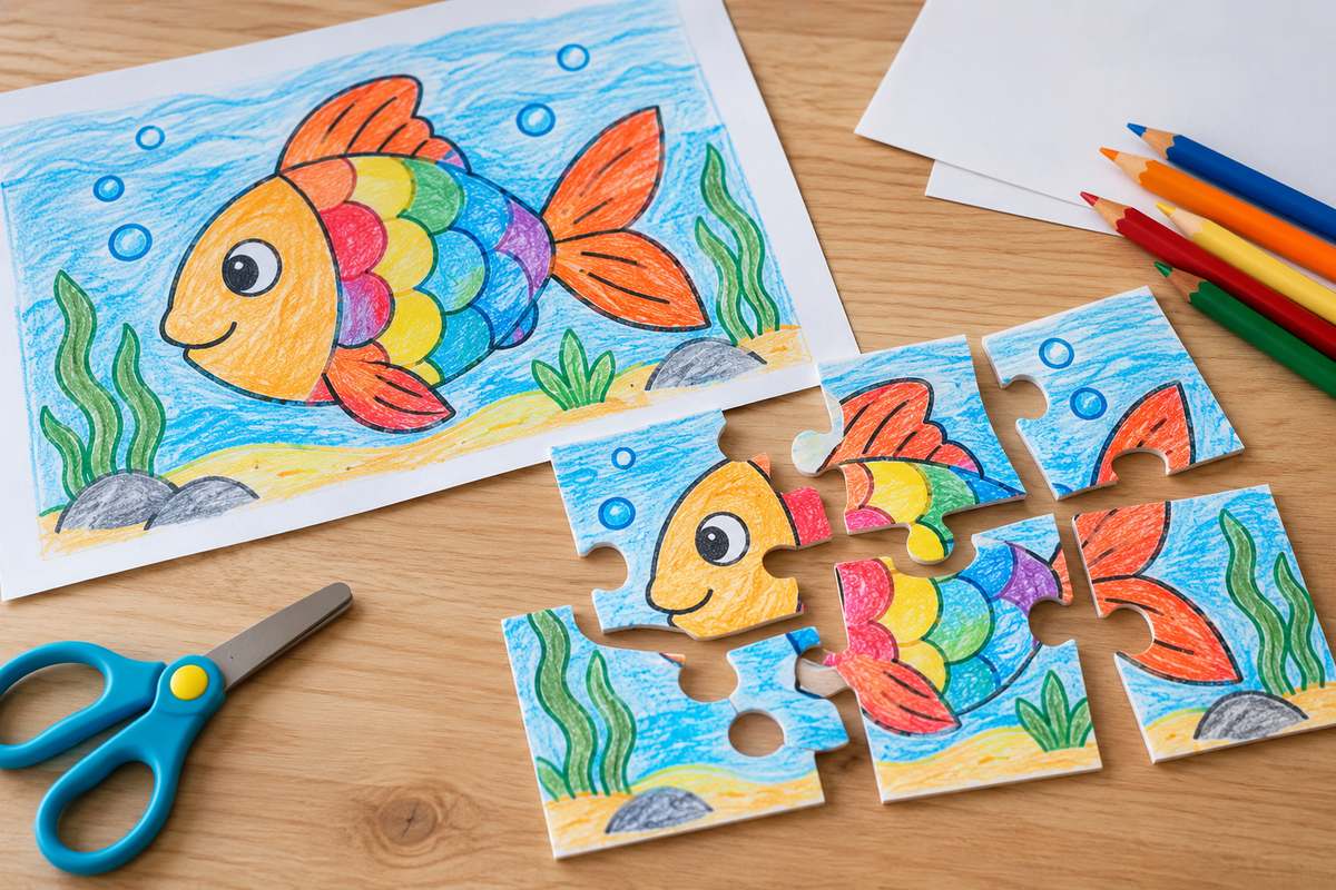 Dibujo coloreado de un pez convertido en piezas de puzle sobre una mesa de madera