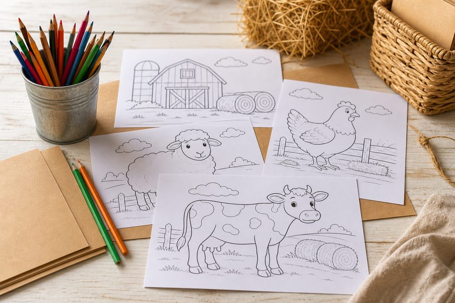 Dibujos de animales de granja para colorear con vaca, oveja, gallina y lápices sobre una mesa clara