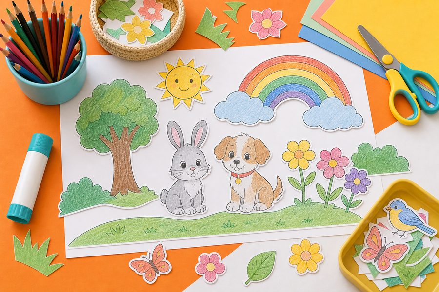 Forest coloring pages with pencils prepared for a calm nature-based activity