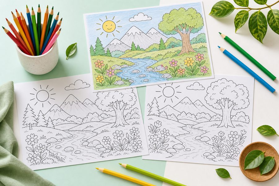 Horse coloring pages with pencils prepared for a calm farm-themed activity