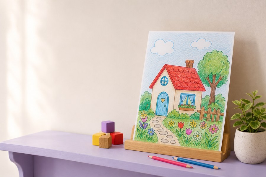 Dibujo coloreado de una casa de cuento con flores, árbol y camino sobre una repisa lavanda