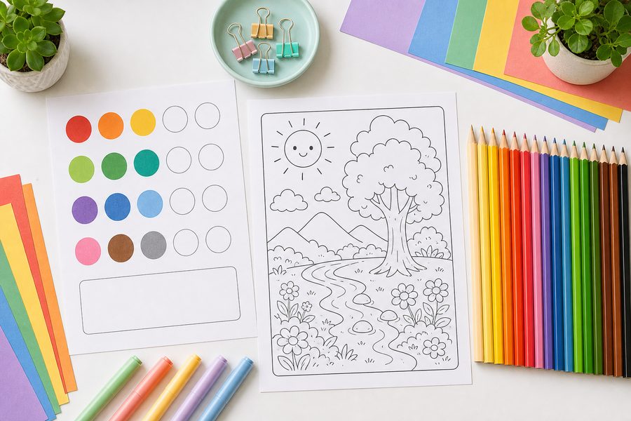Finished coloring pages used for decorating with simple frames