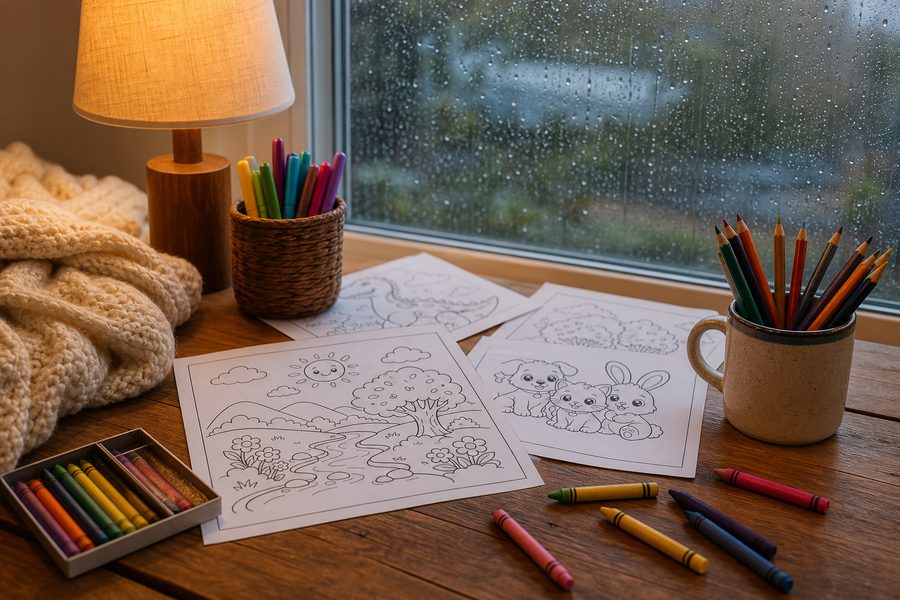 Mesa junto a una ventana con dibujos para colorear, ceras y luz cálida en un día de lluvia
