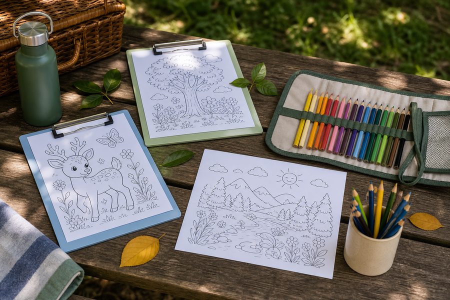 Coloring pages beside books in a reading corner