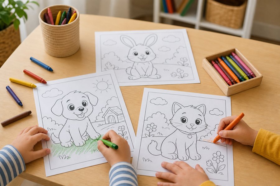 Young child coloring a simple printable page with crayons at an activity table