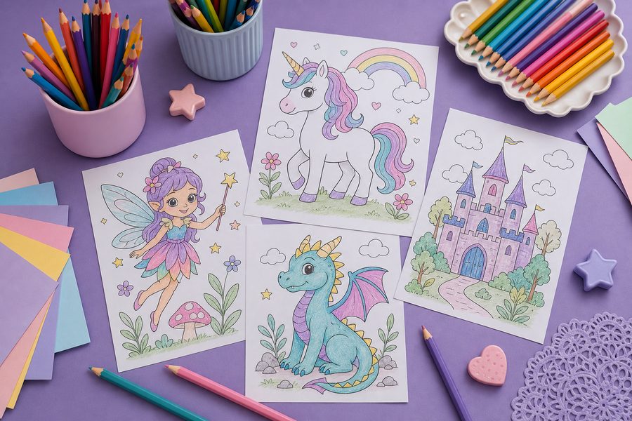 Fantasy coloring pages with castle, unicorn, and colored pencils