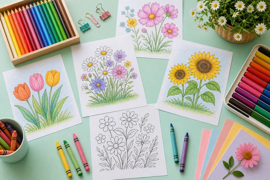 Flower coloring pages with pencils prepared for a calm creative session