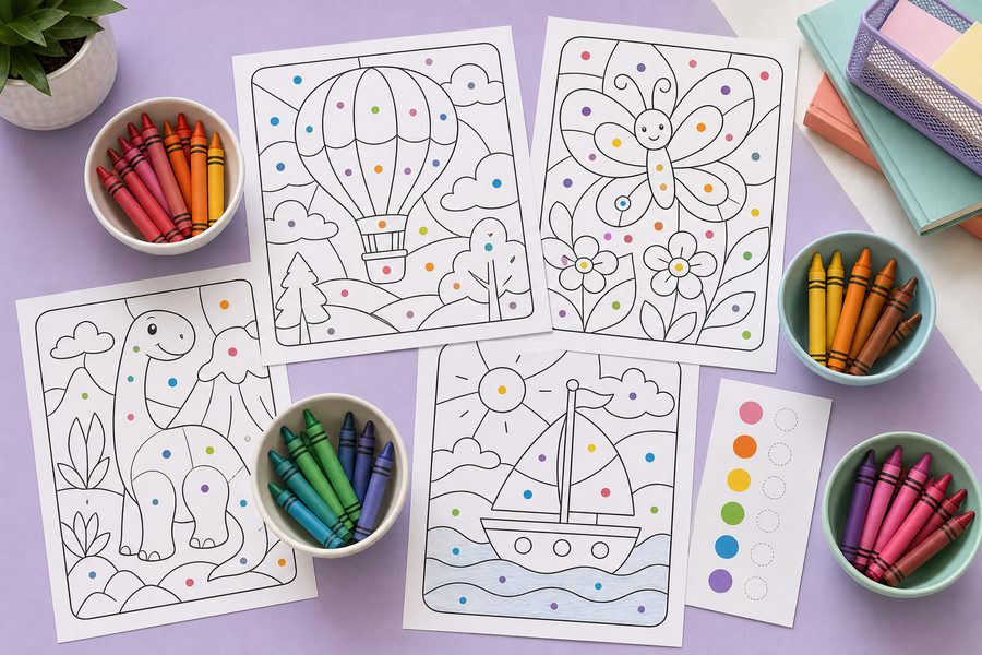 Geometric shape coloring pages with simple patterns and pencils