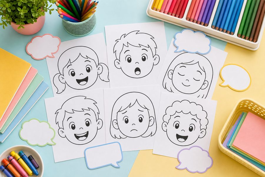 Fruit and vegetable coloring pages with pencils arranged for a simple activity
