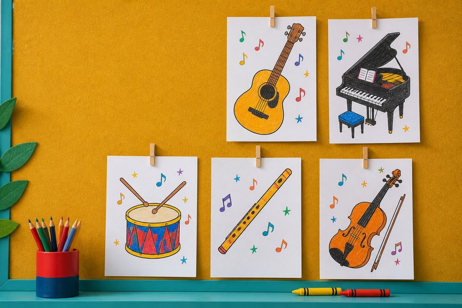 Panel de aula con dibujos coloreados de guitarra, piano, tambor, flauta y violín