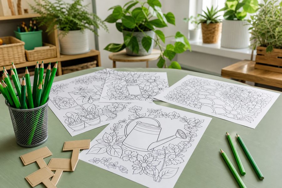 Dibujos de jardín para colorear con regadera, flores, hojas y lápices verdes sobre una mesa