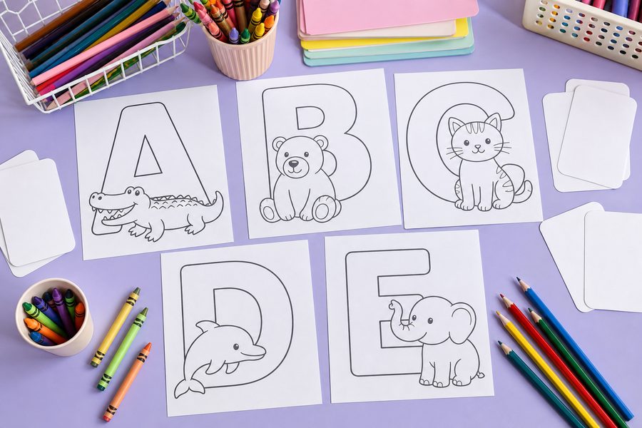 Dibujos de letras para colorear con animales sencillos y lápices sobre una mesa lila