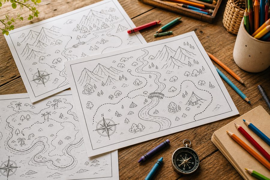 Dibujos de mapas imaginarios para colorear con montañas, ríos, caminos y lápices sobre una mesa de madera