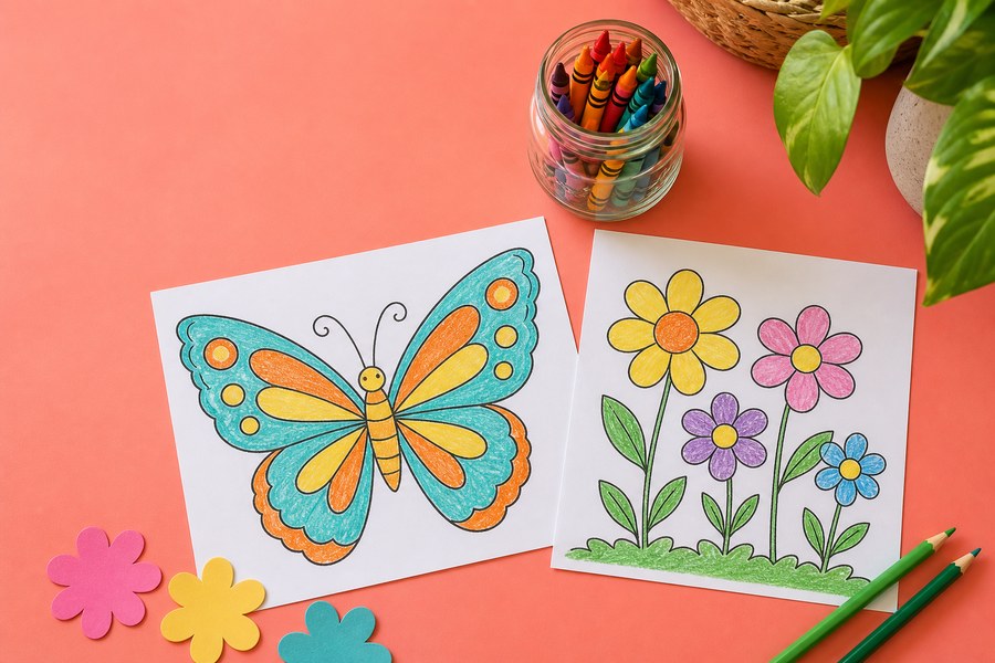 Dibujos coloreados de una mariposa y flores con ceras sobre una mesa coral