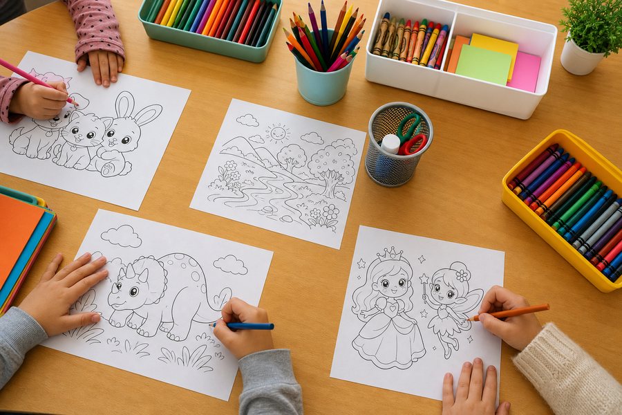 Classroom table with coloring pages and pencils ready for an activity