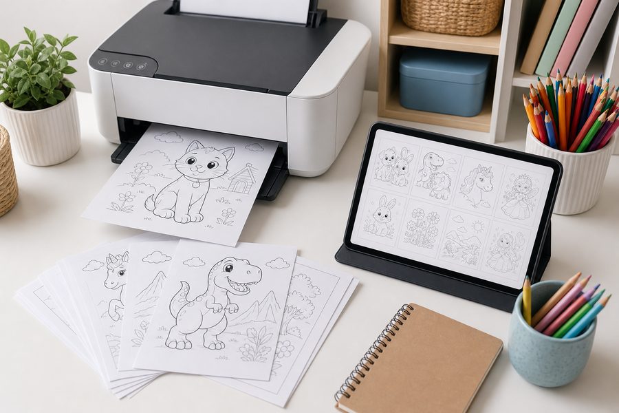 Printer with coloring page PDFs and colored pencils on a white table