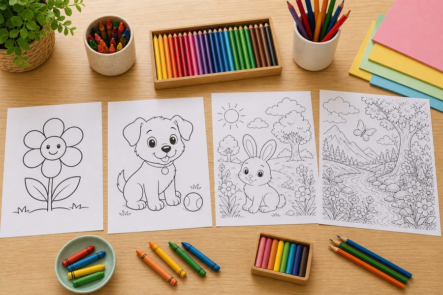 Three coloring pages with different detail levels on a wooden table