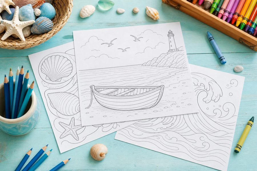 Dibujos de playa para colorear con conchas, olas, barco y faro sobre una mesa azul
