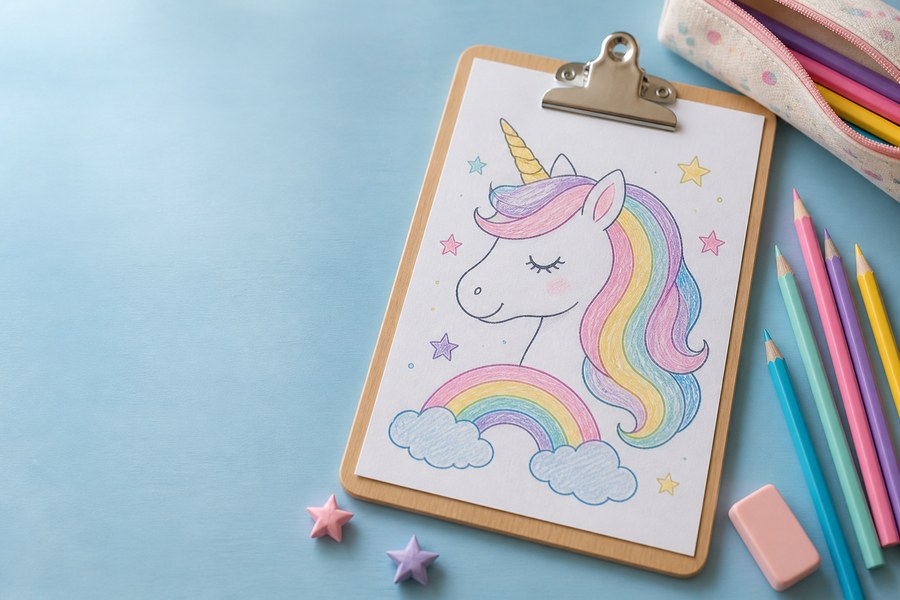 Dibujo de unicornio coloreado con arcoíris, estrellas y lápices de colores sobre un escritorio azul claro