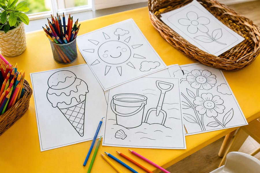 Dibujos de verano para colorear con soles, helados, flores y lápices sobre una mesa amarilla