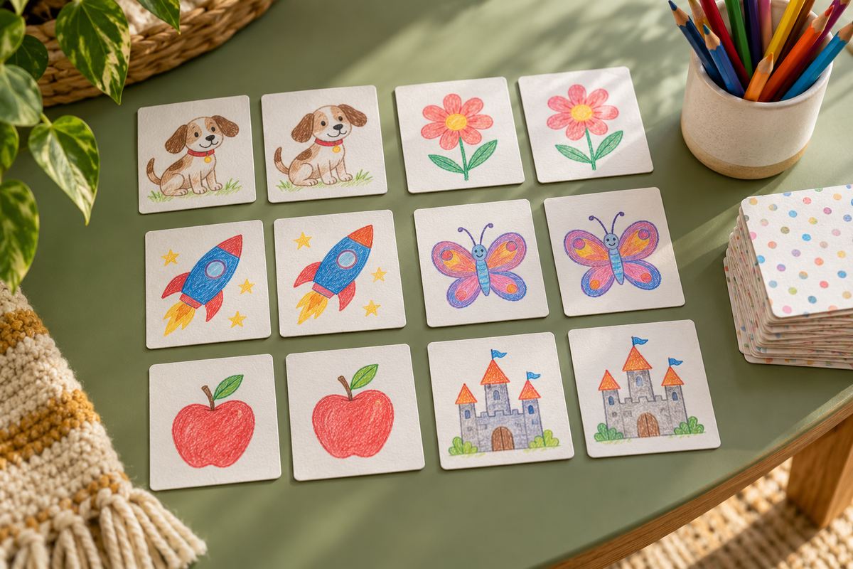 Juego de parejas con dibujos para colorear en tarjetas sobre una mesa verde