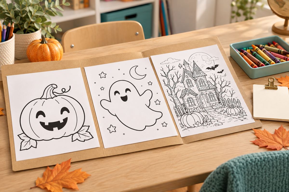 Tres láminas de Halloween de diferente dificultad con calabaza, fantasma y casa de cuento sobre una mesa de aula