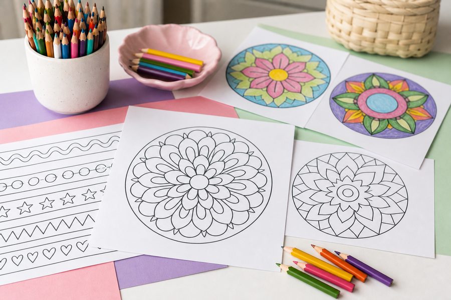 Mandalas fáciles para colorear con patrones florales, lápices y muestras de colores sobre una mesa clara