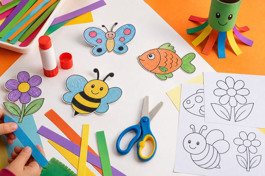 Manualidades con dibujos coloreados y recortados, papel de colores, pegamento y tijeras infantiles