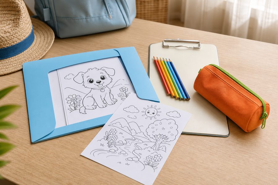 Bookmarks made from coloring pages with craft materials
