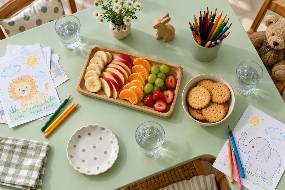 Mesa verde preparada para una merienda infantil con fruta, agua, dibujos para colorear y lápices de colores