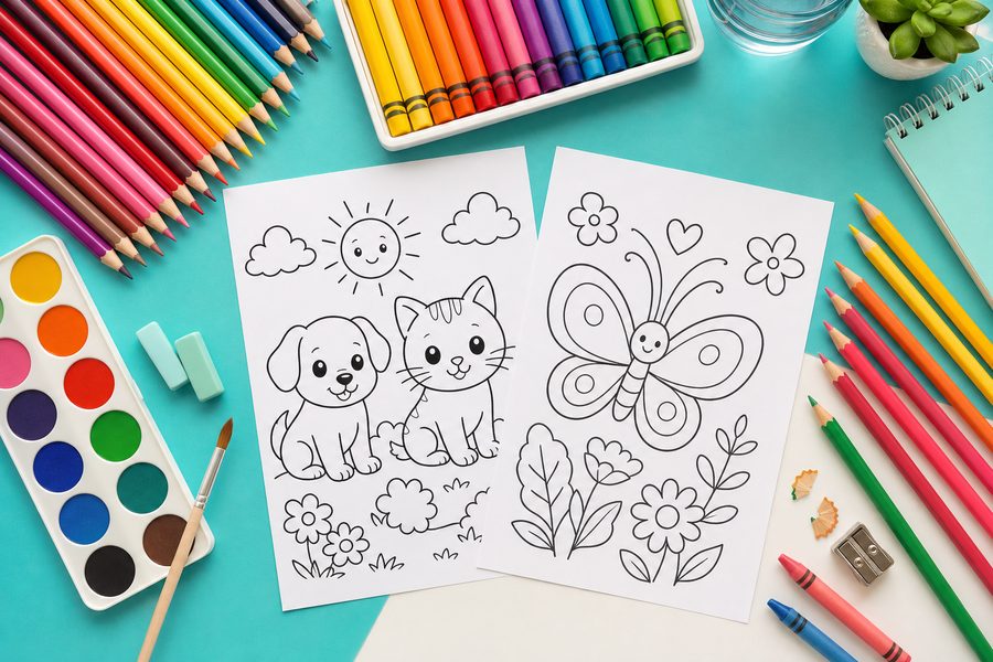 Classroom coloring corner with organized trays, pencils, and printable pages