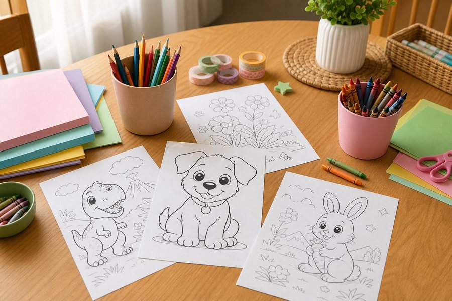 Home table prepared with coloring pages, crayons, pencils, and folders