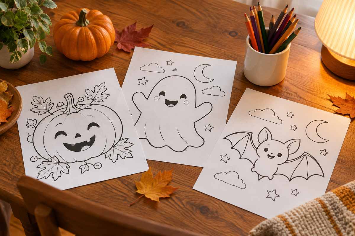 Mesa de madera preparada para una tarde de Halloween con dibujos para colorear de calabaza, fantasma y murciélago
