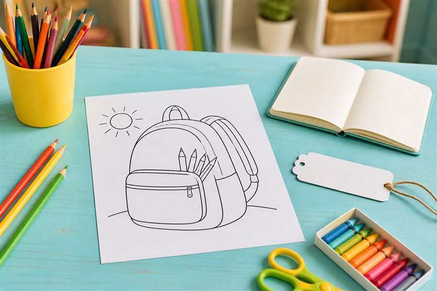 Mesa de aula turquesa preparada para la vuelta al cole con una lámina de mochila para colorear, lápices, ceras y un cuaderno