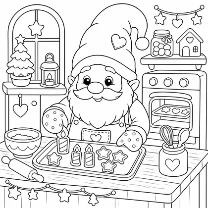 Dibujo de gnomo haciendo galletas de adviento para colorear