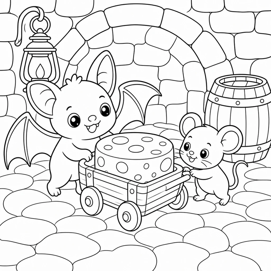 Coloriage : Chauve-souris avec une charrette de baies