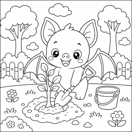 Bat planting a tree coloring page