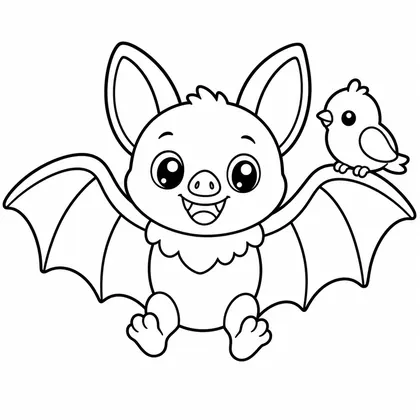 Dibujo de murciélago con pájaro para colorear