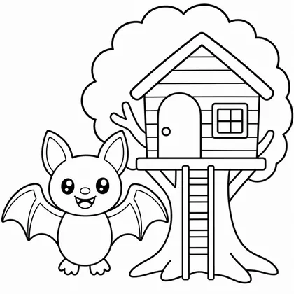 Dibujo de murciélago con casa árbol para colorear