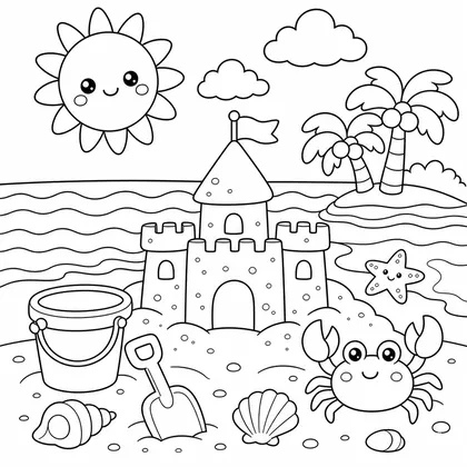 Dibujo de castillo de arena con cubo para colorear