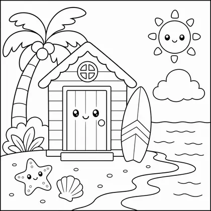 Dibujo de caseta de playa con tabla para colorear