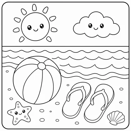 Dibujo de pelota y chanclas en la arena para colorear